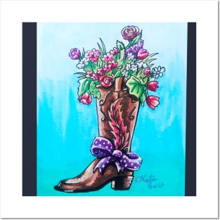 Cowgirl Boot Floral Bouquet Posters and Art